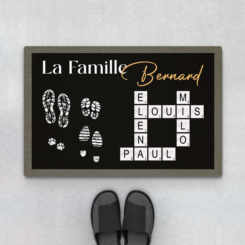 La Famille Avec Empreintes Et Mots Croisés - Cadeau Personnalisé | Paillasson Pour Famille