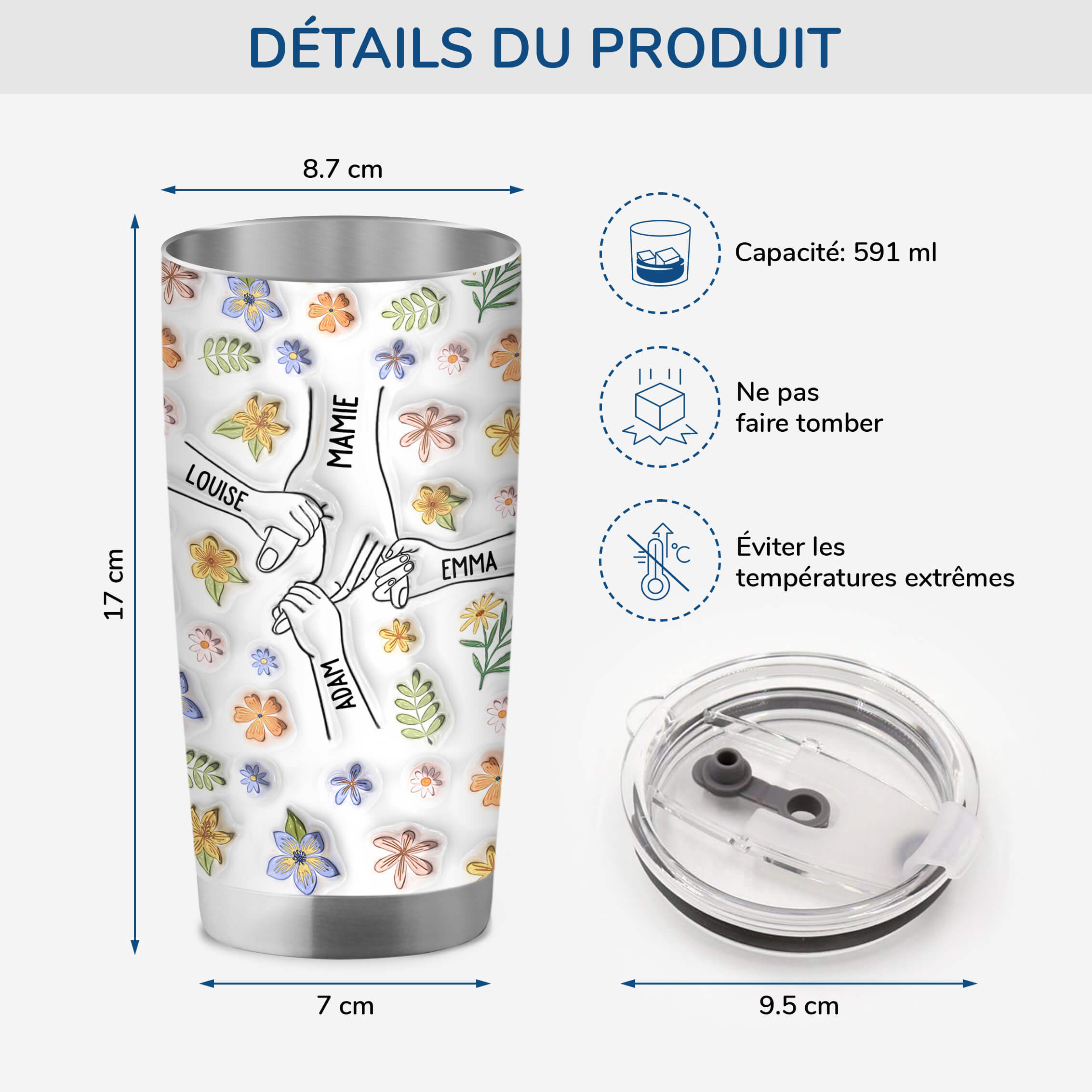 3534TFR3 effet dimpression 3d mug isotherme 590ml personnalise maman mains avec fleurs 3534T