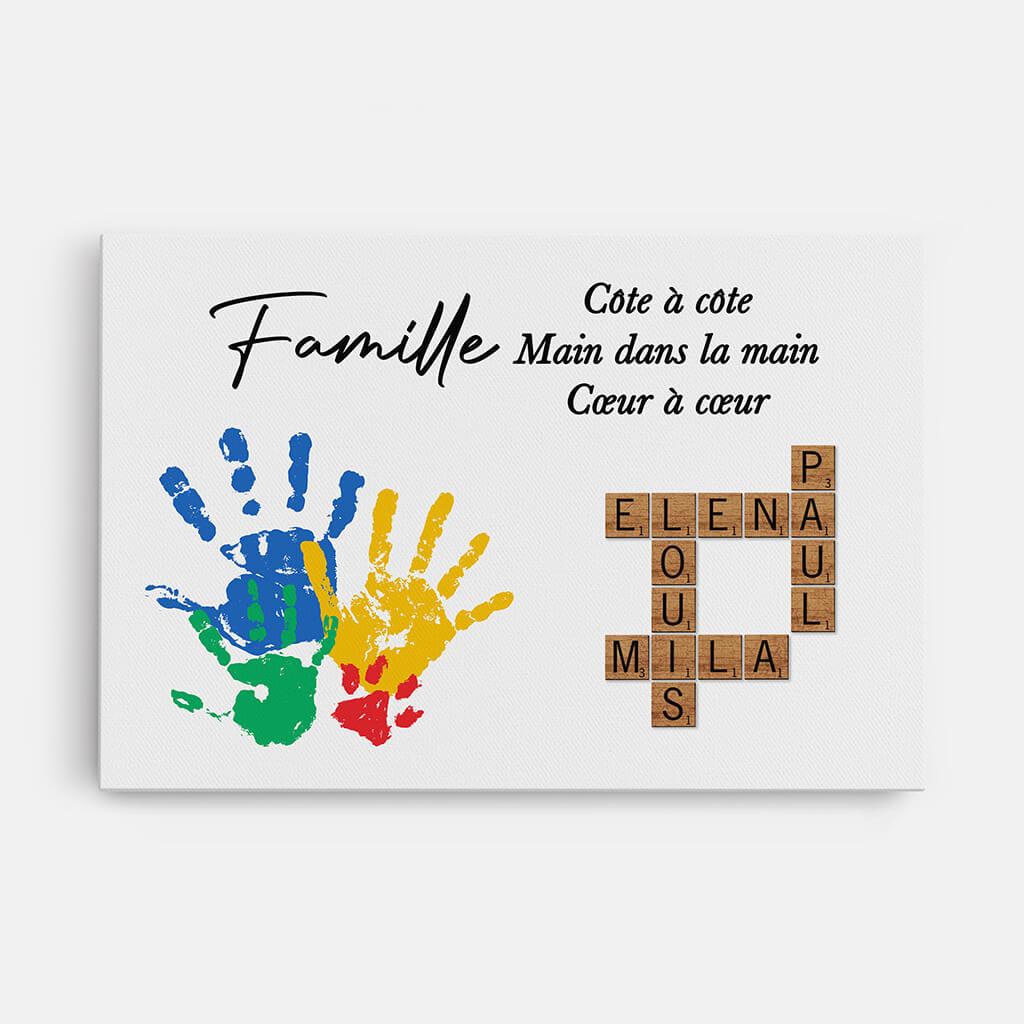 La Famille Côte À Côte Avec Empreintes Et Mots Croisés - Cadeau Personnalisé | Toile Pour Famille