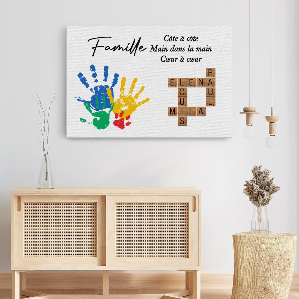 3581CFR3 la famille cote a cote avec empreintes et mots croises toile famille personnalisee