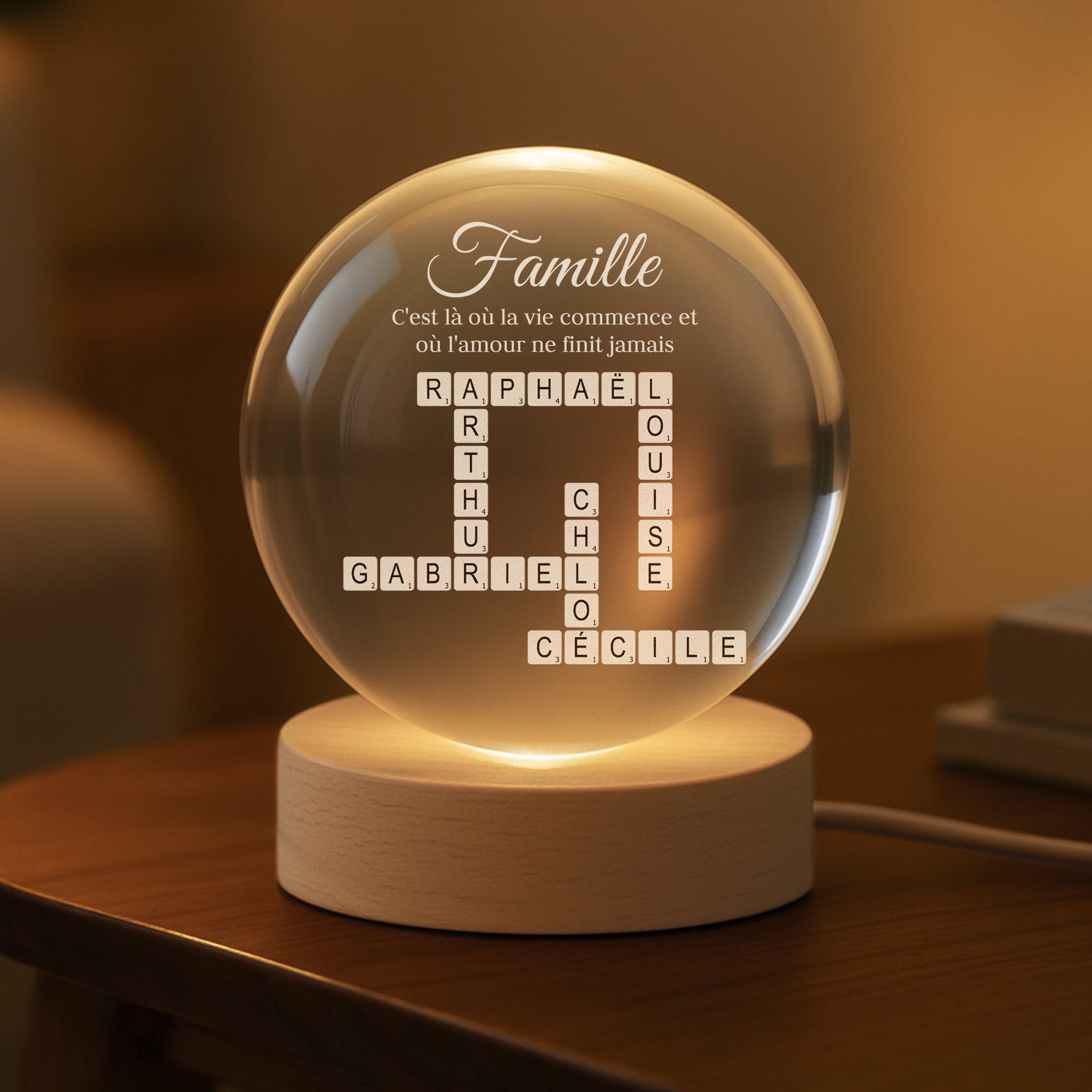 3591LFR2 veilleuse boule de cristal personnalisee avec mots croises notre famille 3591ltp5i