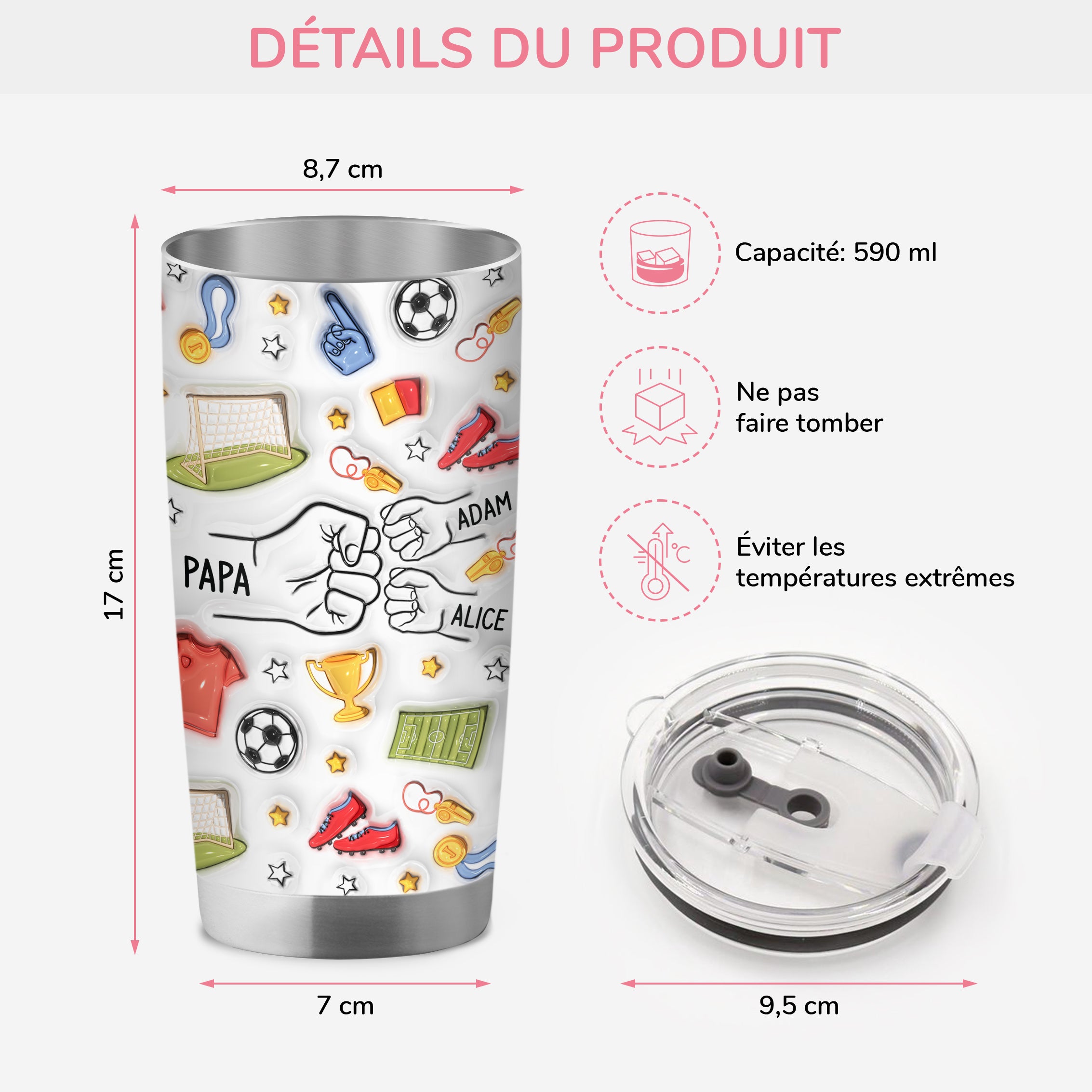 3608TFR3 effet dimpression 3d mug isotherme 590ml personnalise papa footballeur 3608t5i5b