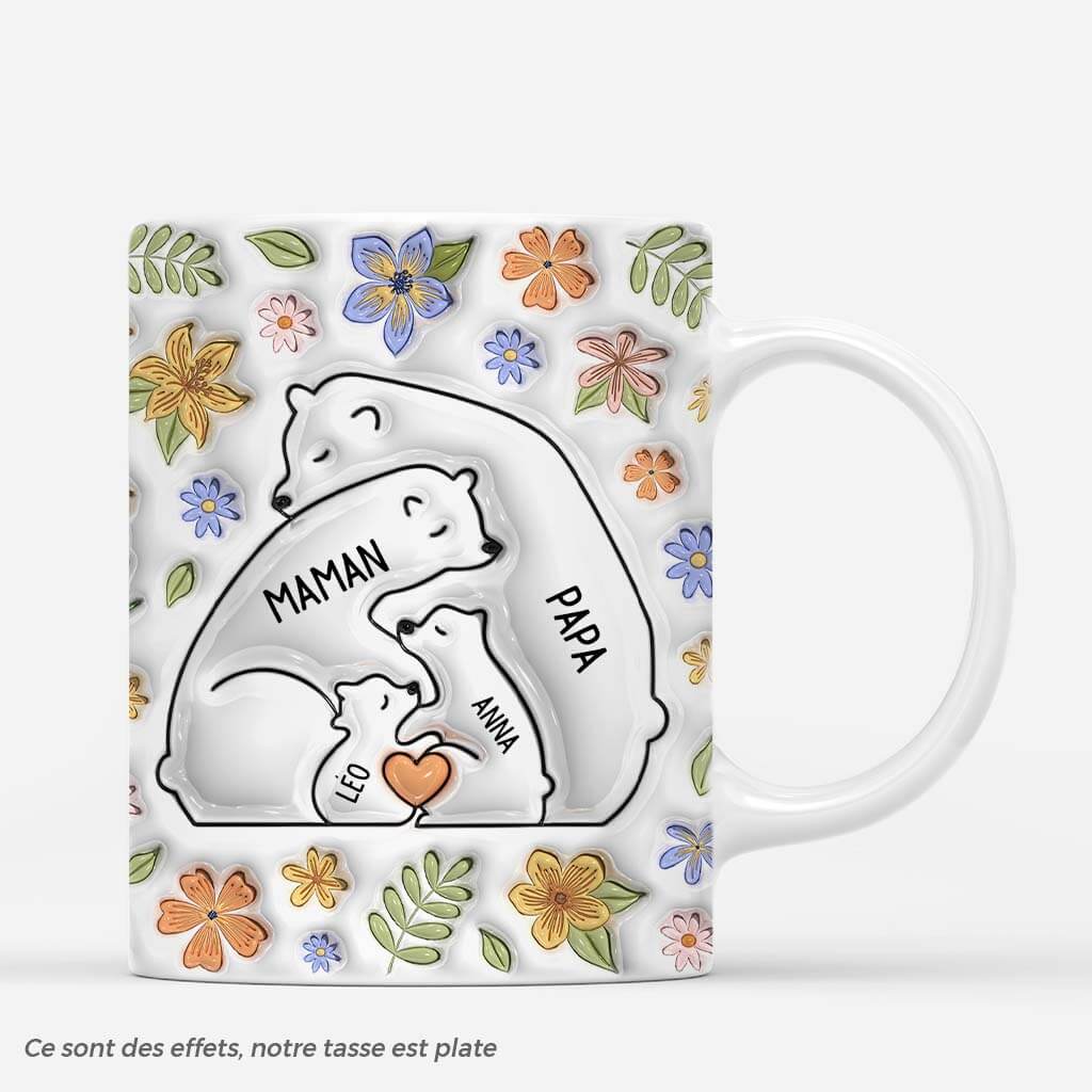 L'Amour De Famille Ours Avec Fleurs Pastels 3D - Cadeau Personnalisé | Mug Pour Famille