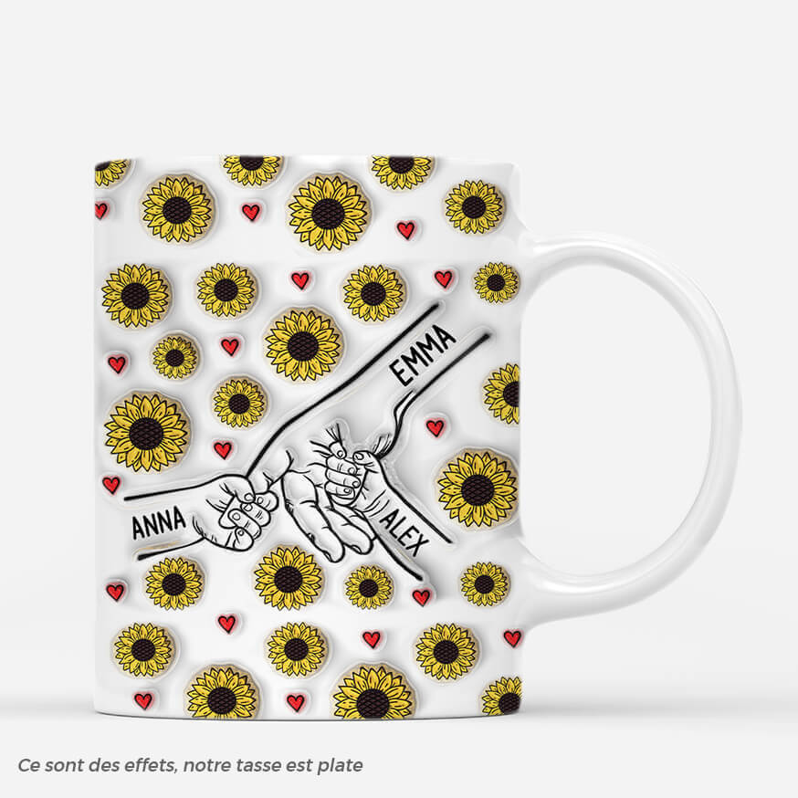 [Effet d'impression 3D]  Maman Tenant Les Mains Avec Les Tournesols - Cadeau Personnalisé | Mug Pour Maman