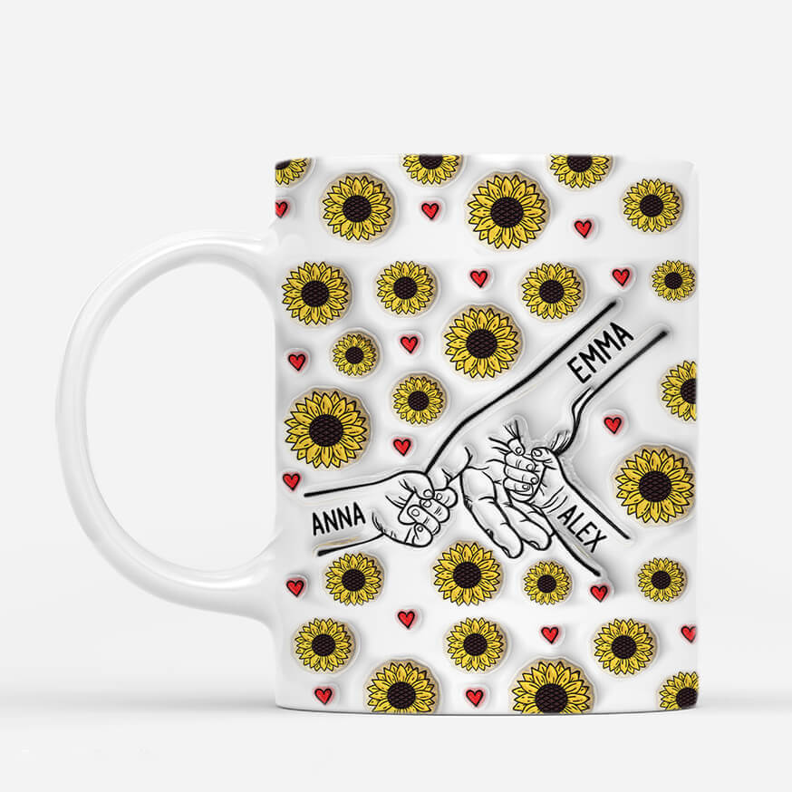 [Effet d'impression 3D]  Maman Tenant Les Mains Avec Les Tournesols - Cadeau Personnalisé | Mug Pour Maman