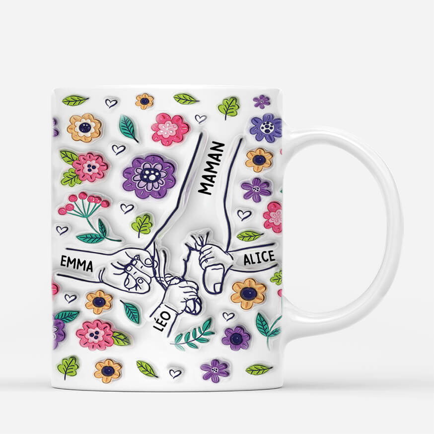 3644MFR2 mamie tenant les mains avec jolies fleurs 3d mug pour mamie personnalise