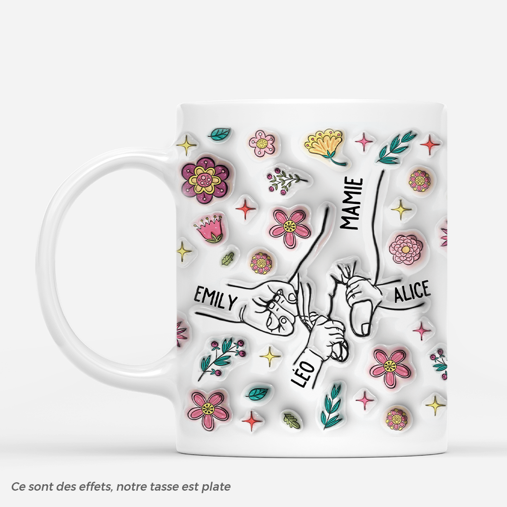 3648MFR1 mamie tenant les mains avec fleurs douces 3d mug mamie personnalisable