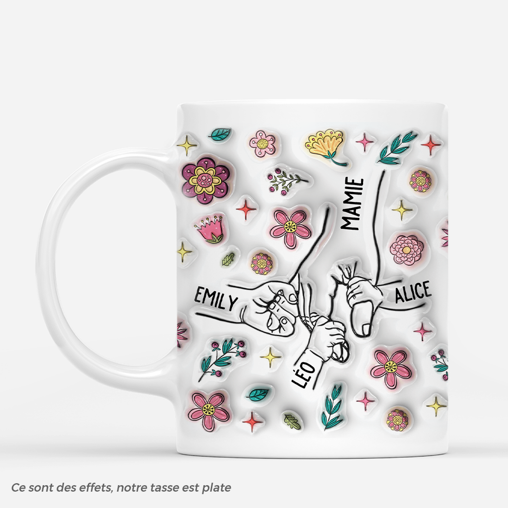 [Effet d'impression 3D]  Mamie Tenant Les Mains Avec Fleurs Douces - Cadeau Personnalisé | Mug Pour Mamie