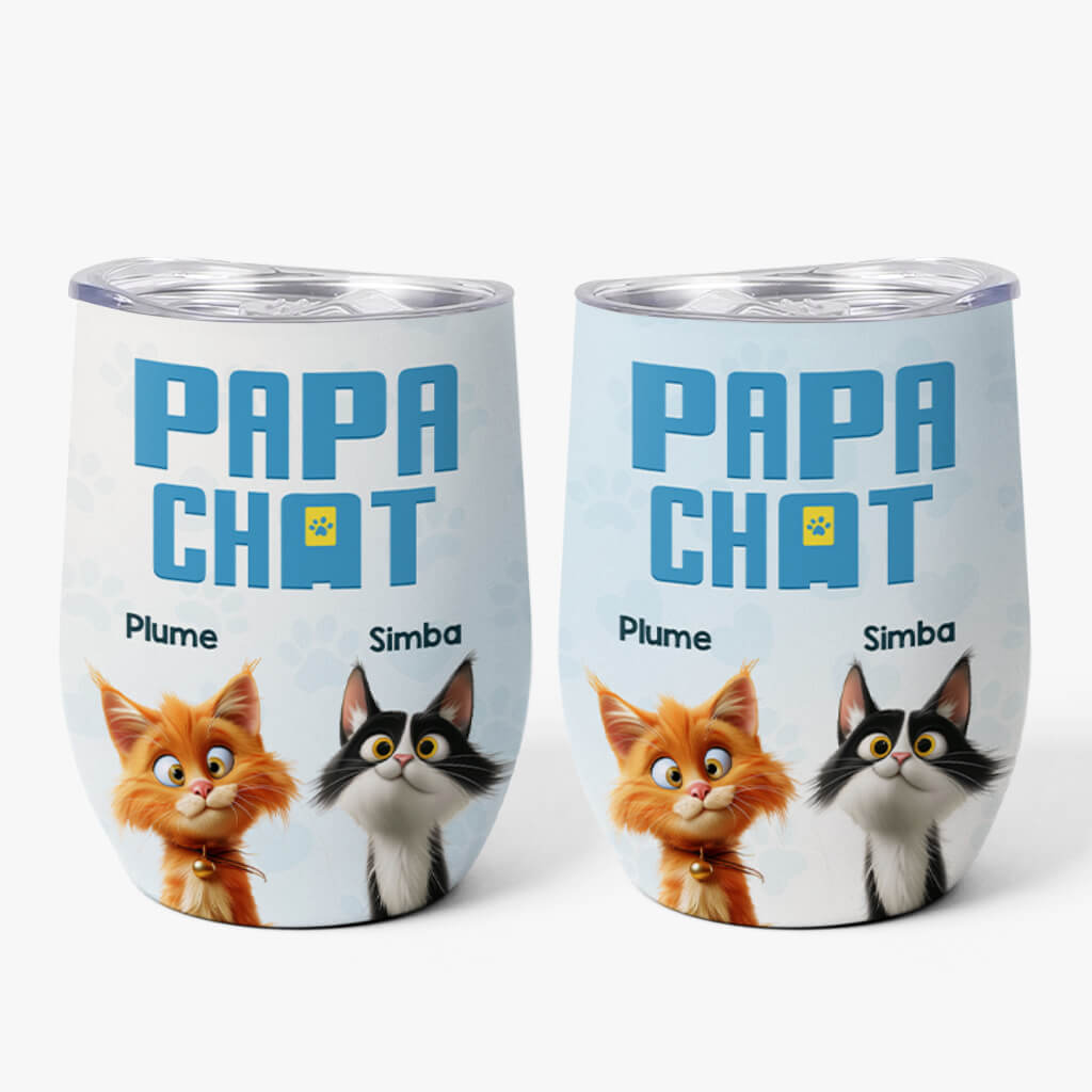 Maman Chat/Papa Chat Version Cartoon - Cadeau Personnalisé | Verre À Vin Isotherme Avec Couvercle