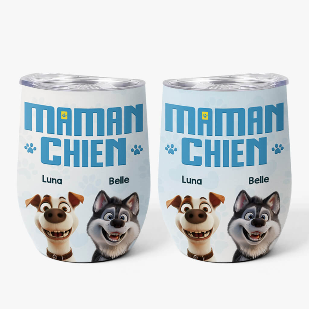 Maman Chien/Papa Chien Version Cartoon - Cadeau Personnalisé | Verre À Vin Isotherme Avec Couvercle