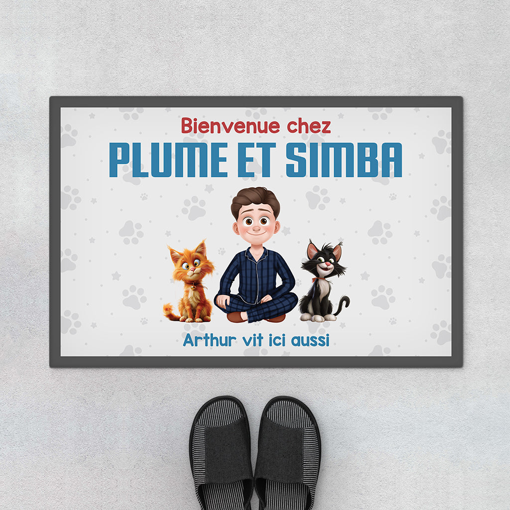 Bienvenue Chez Nous Version Cartoon - Cadeau Personnalisé |  Paillasson Pour Amoureux Des Chats