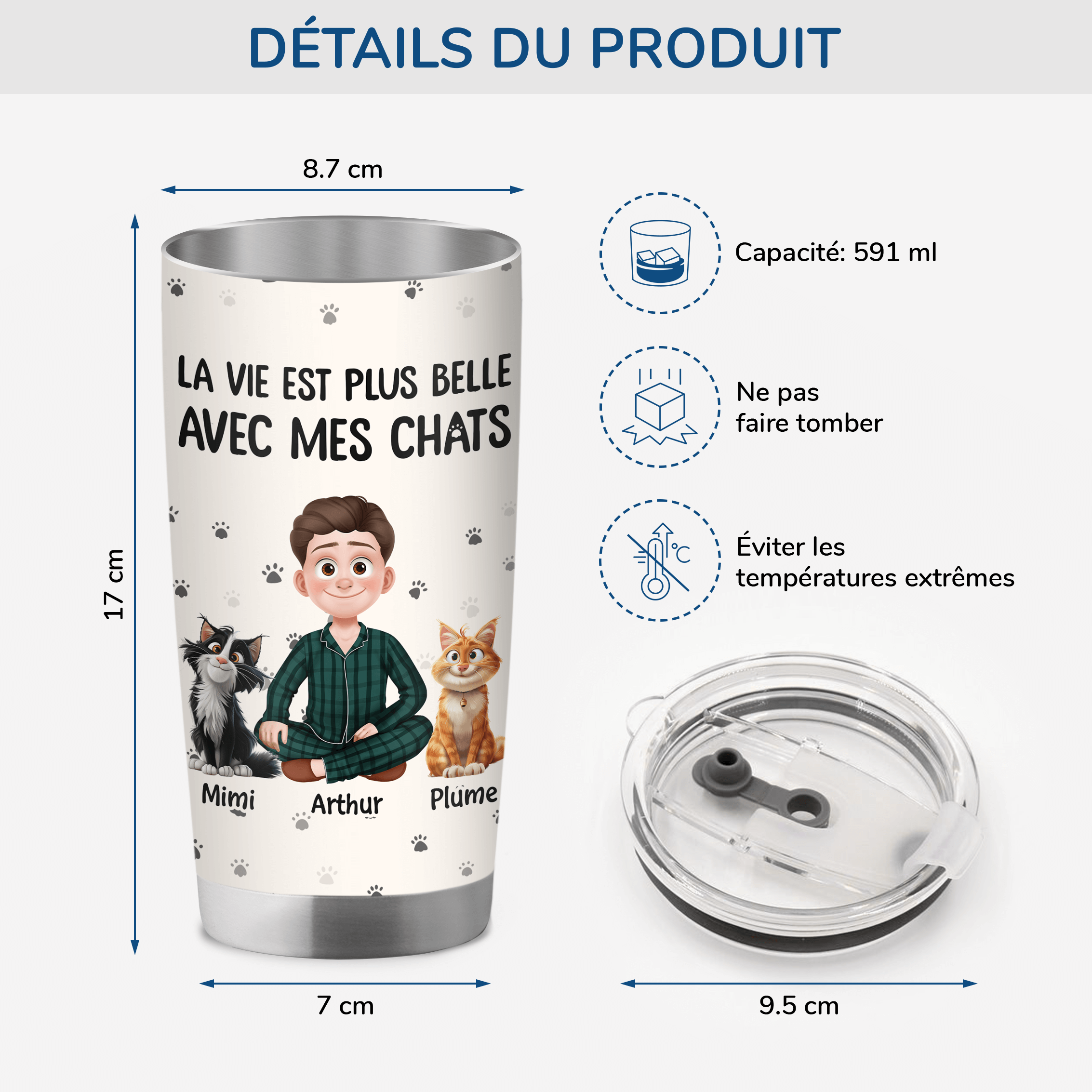 3903TFR3 mug isotherme 590ml personnalise la vie est plus belle avec les chats 3903T5N0D