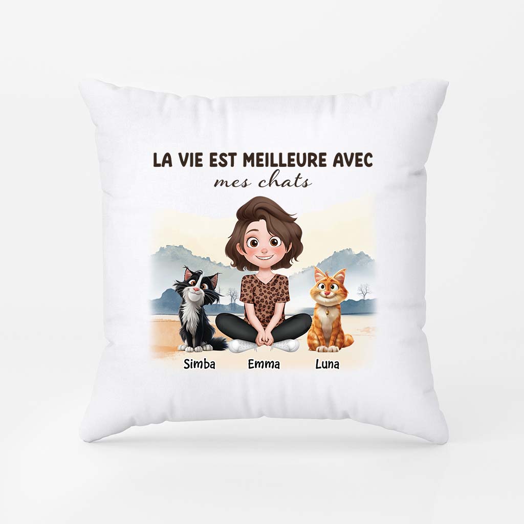 Meilleure Vie Avec Chats Design Cartoon - Coussin Personnalisé