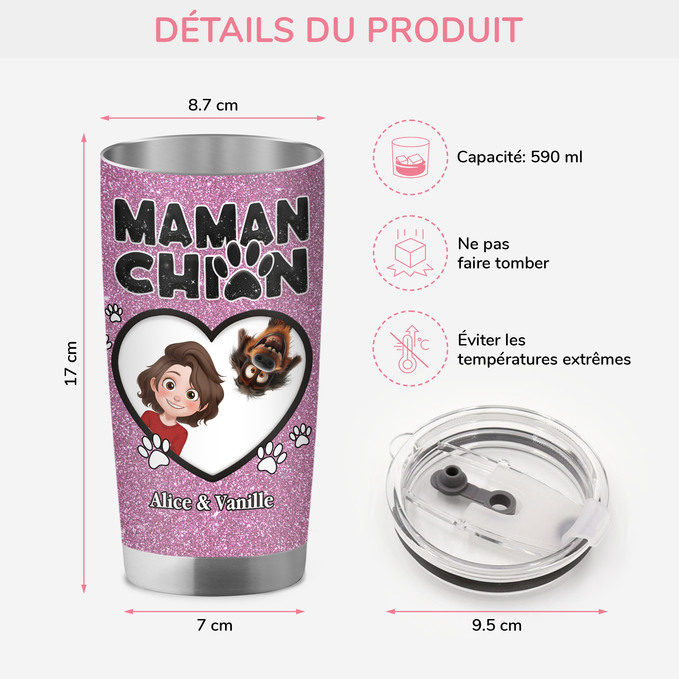 4012TFR3 mug isotherme 590ml personnalise maman chien coeur paillette 4012TKN0C