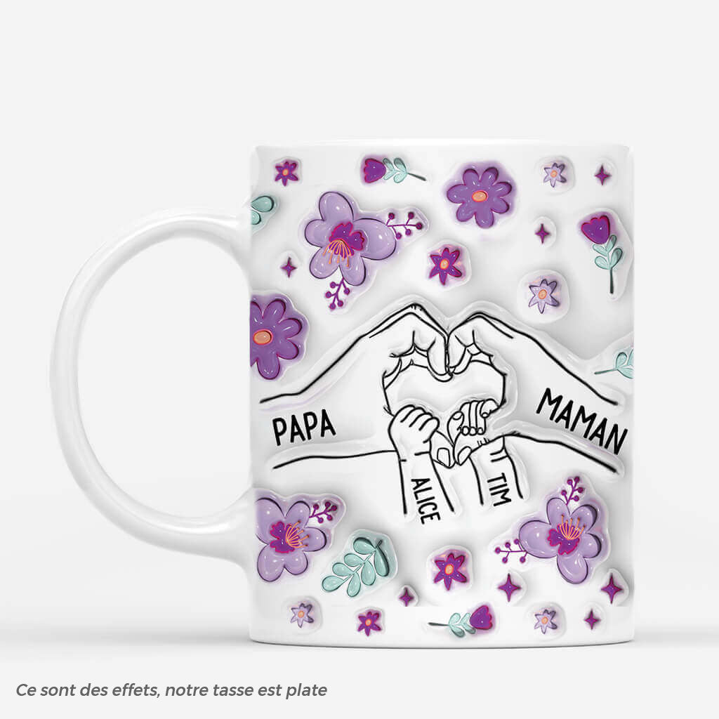 Famille Avec Mains Cœur Et Fleurs Violettes 3D - Cadeau Personnalisé | Mug Pour Famille