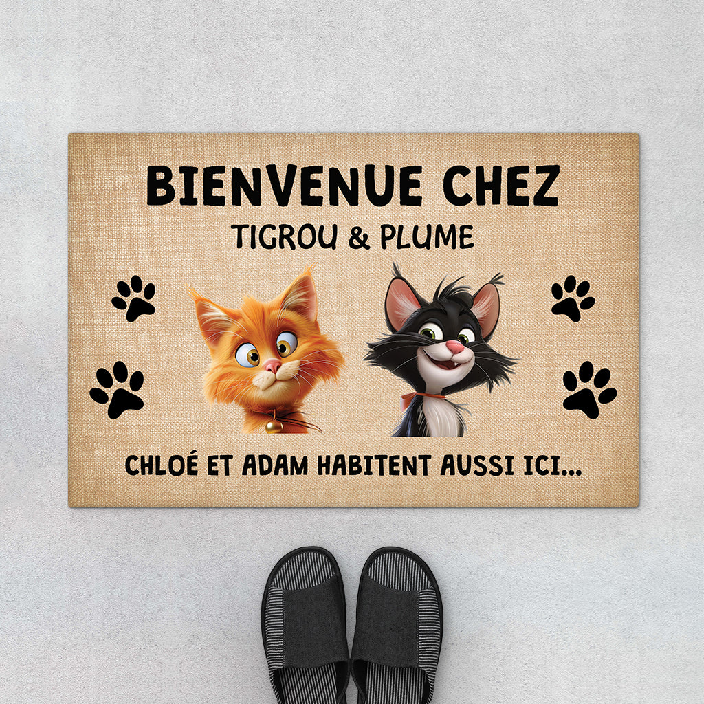 Bienvenue Chez Version Cartoon - Cadeau Personnalisé | Paillasson Pour Amoureux Des Chats
