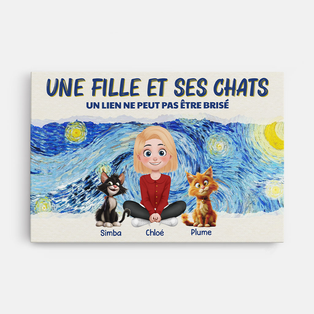 Une Fille Et Ses Chats Version Van Gogh - Cadeau Personnalisé | Toile Pour Amoureux Des Animaux