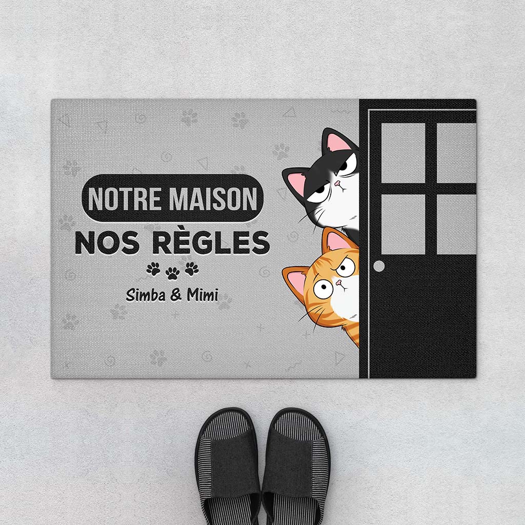 Notre Maison Nos Règles Version Gris - Cadeau Personnalisé | Paillasson Pour Amoureux Des Chats