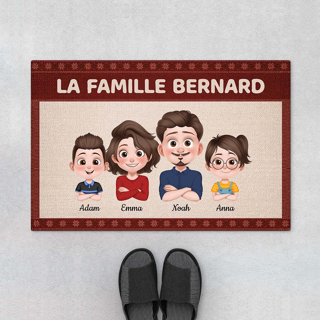 Famille Design Cartoon Version Rouge - Cadeau Personnalisé | Paillasson Pour Famille