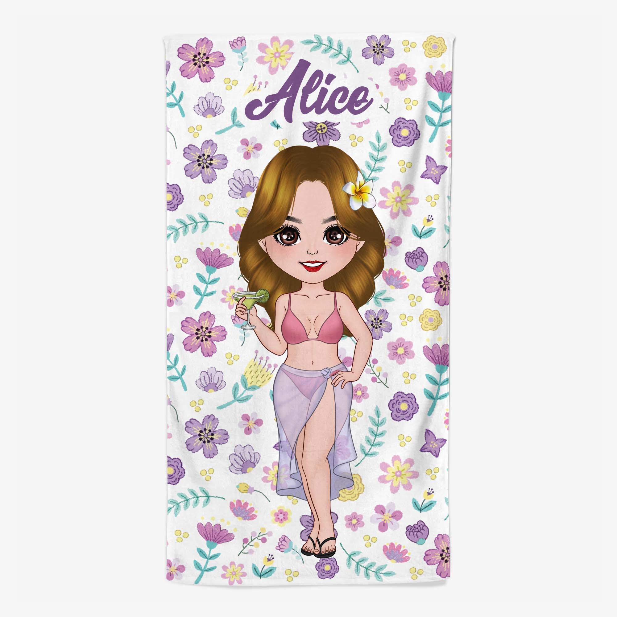 Femme Avec Fleurs Violettes - Serviette De Plage Personnalisé