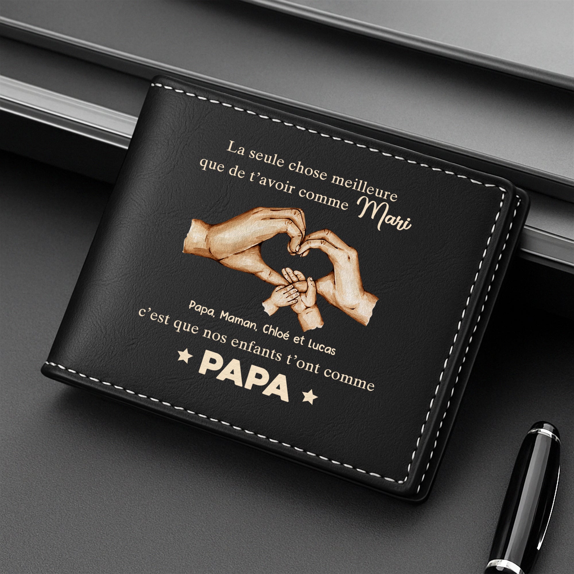 4814JFR2 portefeuille cuir personnalise papa la meilleure chose design coeur avec les mains 4814j6i5b