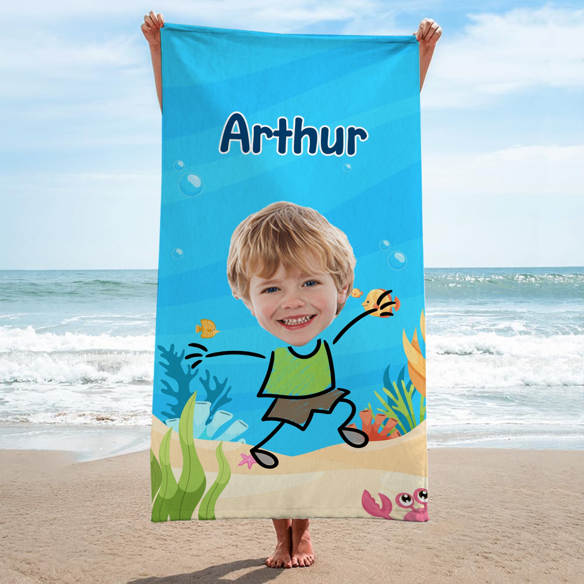 4956BFR2 serviette de plage personnalisee pour enfant avec visage 4956b6mak