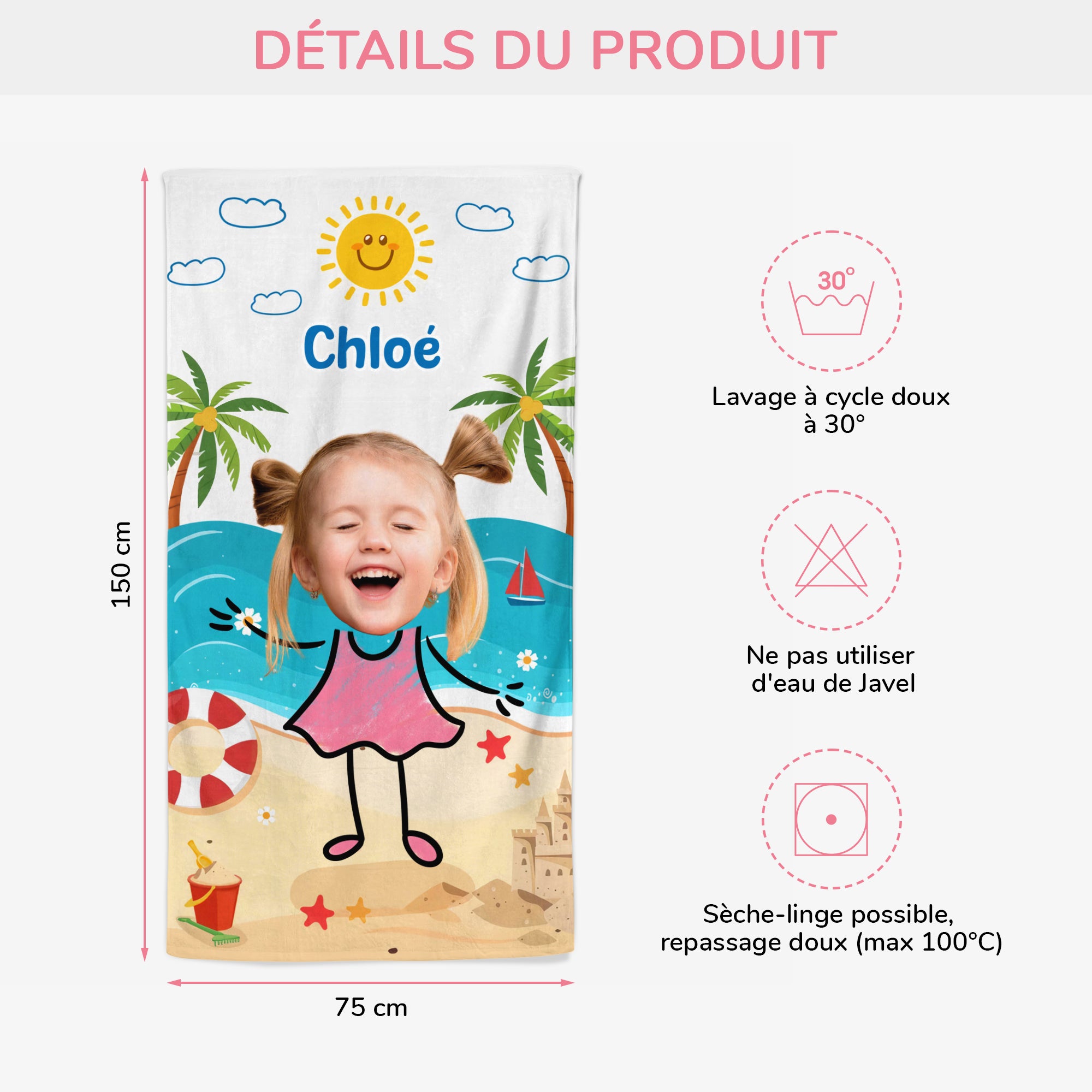4956BFR3 serviette de plage personnalisee pour enfant avec visage 4956b6mak