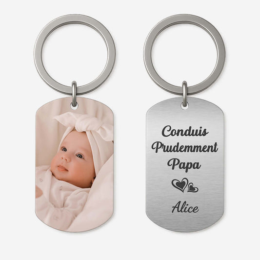 4997JFR1 porte cle aluminium personnalise photo pour papa conduis prudemment 4997jt4tb