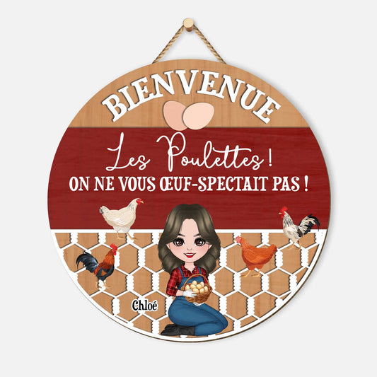 5108QFR1 plaque en bois personnalisee a suspendre bienvenue les poulettes 5108qtkaa