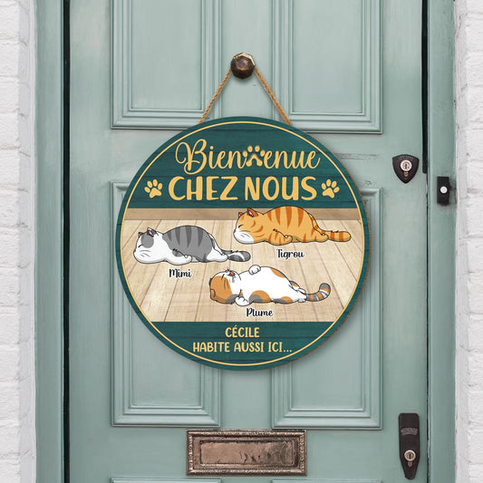 5115QFR2 plaque en bois personnalisee avec chat a suspendre bienvenue chez nous5115q6yad