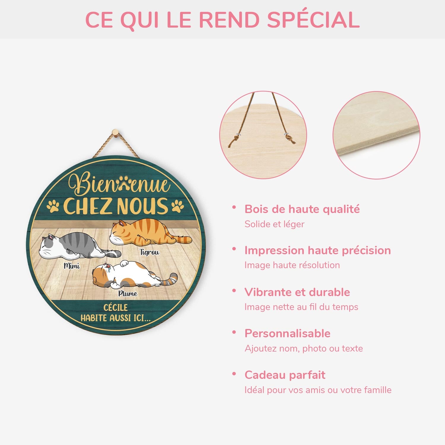 5115QFR4 plaque en bois personnalisee avec chat a suspendre bienvenue chez nous 5115q6yad