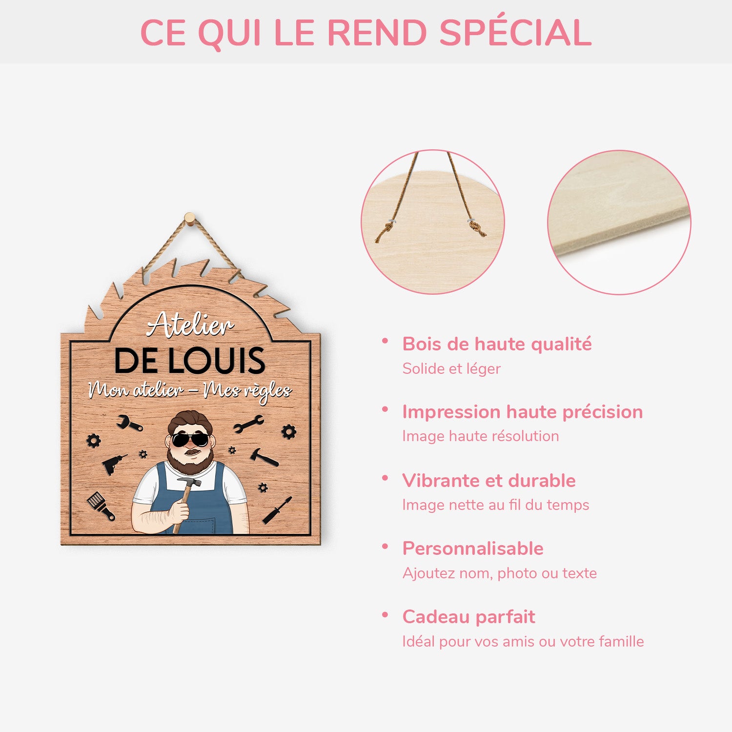 5129QFR4 plaque en bois personnalisee a suspendre atelier de papa 5129qtmtb