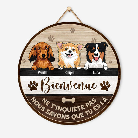 5133QFR1 plaque en bois personnalisee avec chiens a suspendre bienvenue 5133qtkac