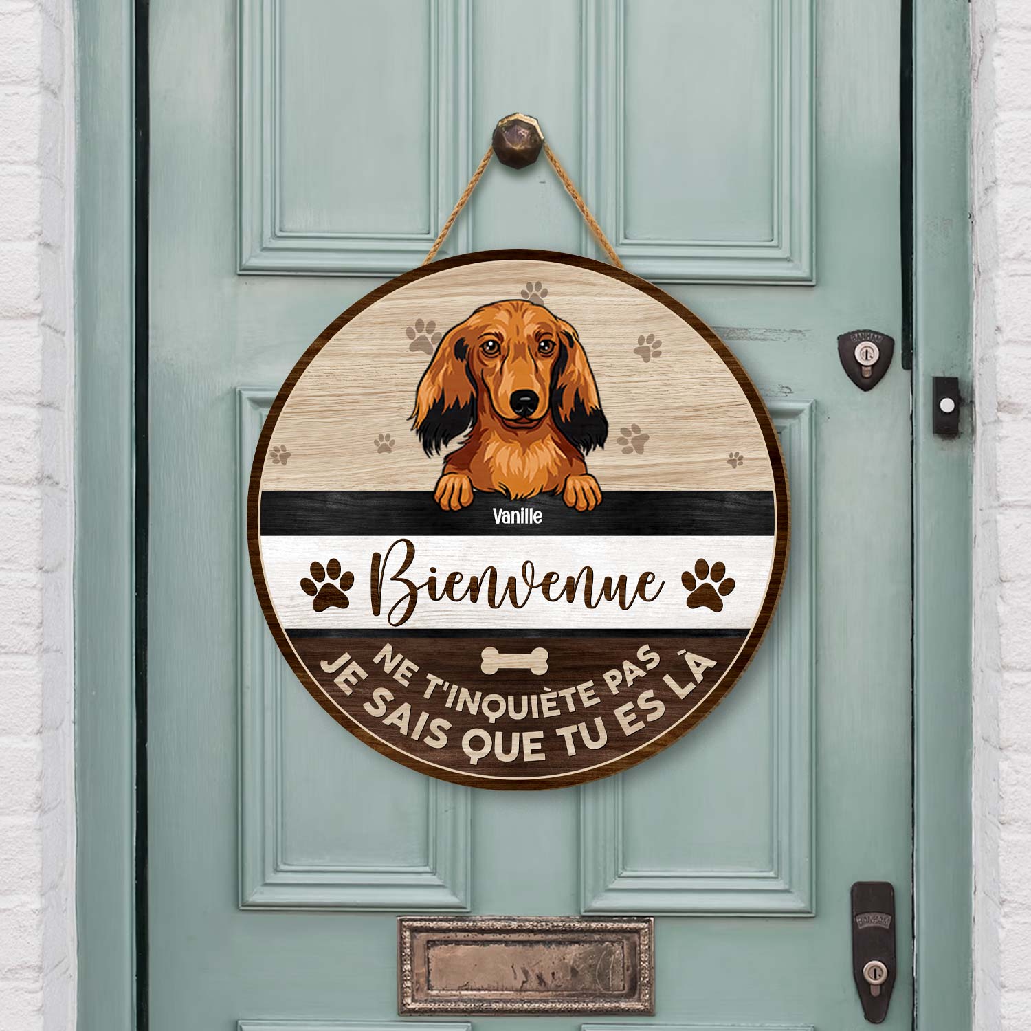 5133QFR2 plaque en bois personnalisee avec chiens a suspendre bienvenue 5133qtkac