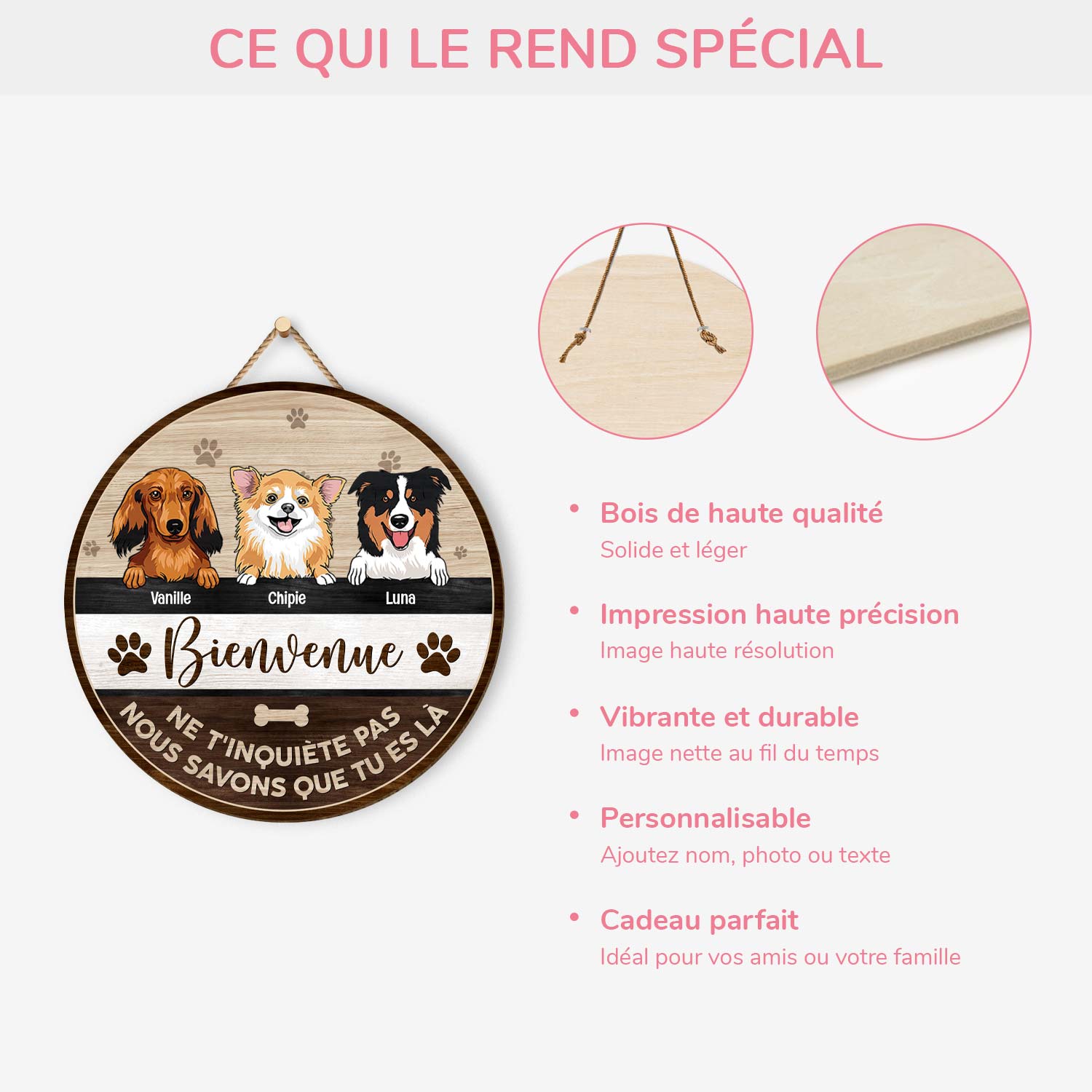 5133QFR4 plaque en bois personnalisee avec chiens a suspendre bienvenue 5133qtkac