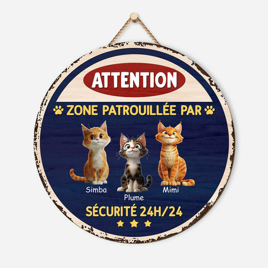 5160QFR1 plaque en bois personnalisee a suspendre zone patrouillee avec chat 5160qkgmd