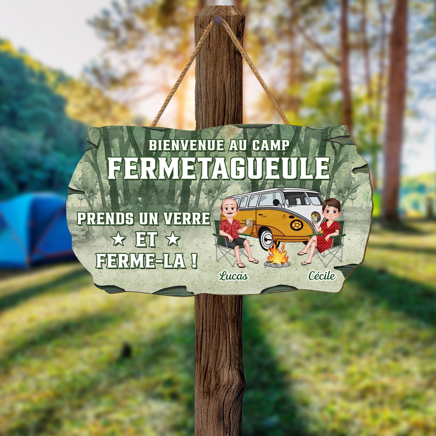 5197QFR2 plaque en bois personnalisee pour couple bienvenue au camp 5197qkltg