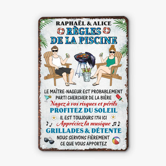 5210EFR1 plaque en metal personnalisee pour couple regles de la piscine 5210etkag