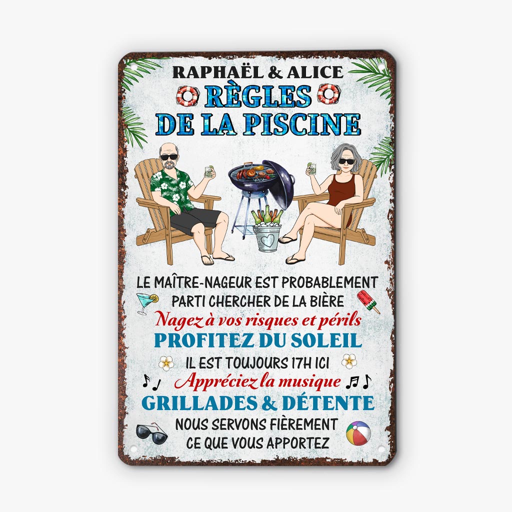 5210EFR2 plaque en metal personnalisee pour couple regles de la piscine 5210etkag