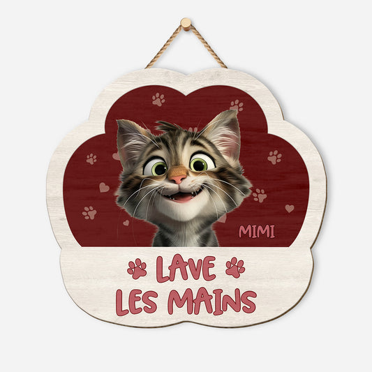 5214QFR1 plaque en bois personnalisee a suspendre avec chat lave tes pattes 5214qk6nd