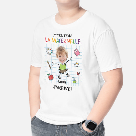 5218AFR2 t shirt enfant personnalise avec visage attention jarrive 5218a36tk