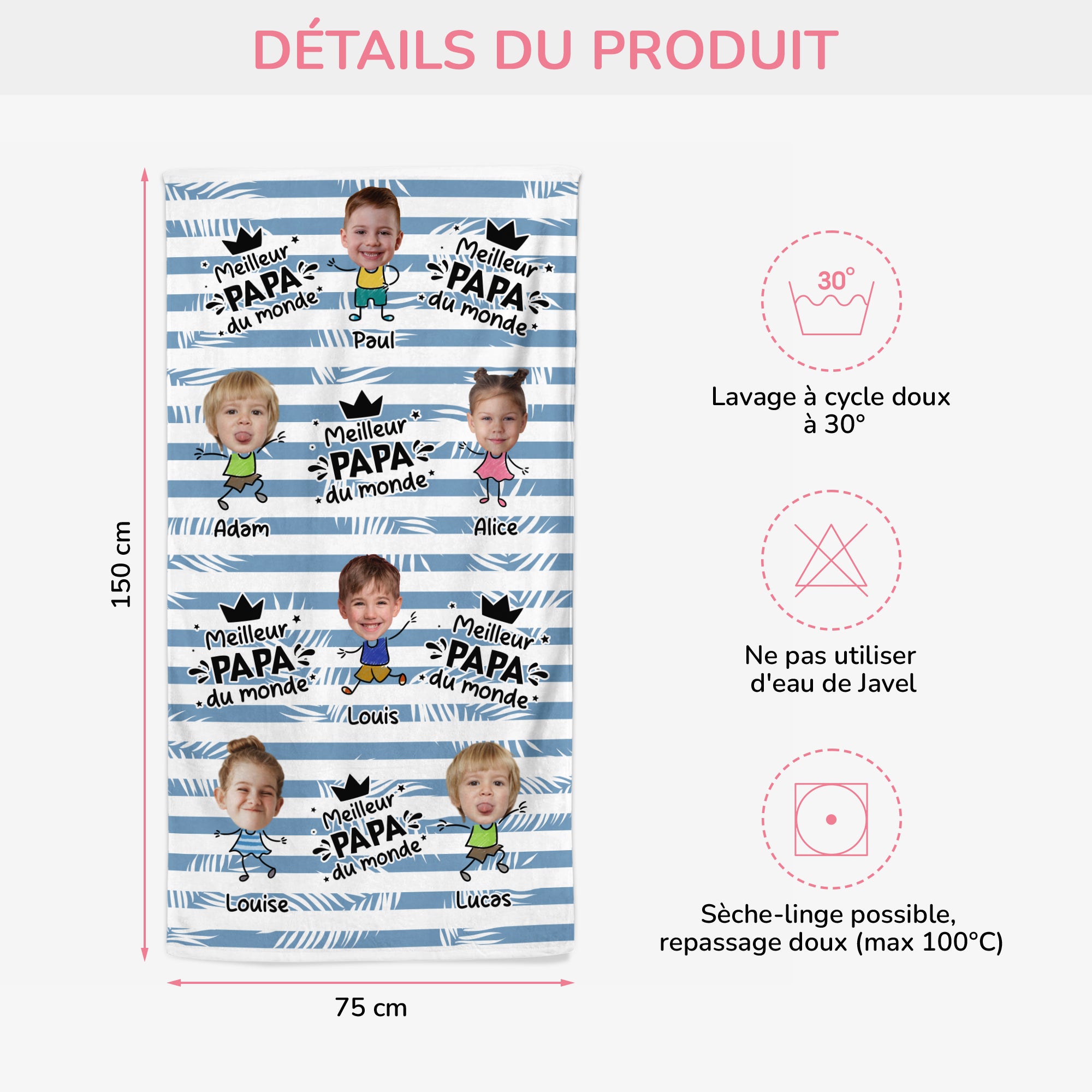 5228BFR3 serviette de plage personnalisee meilleur papa dessin crayon avec visages 5228b8mnb