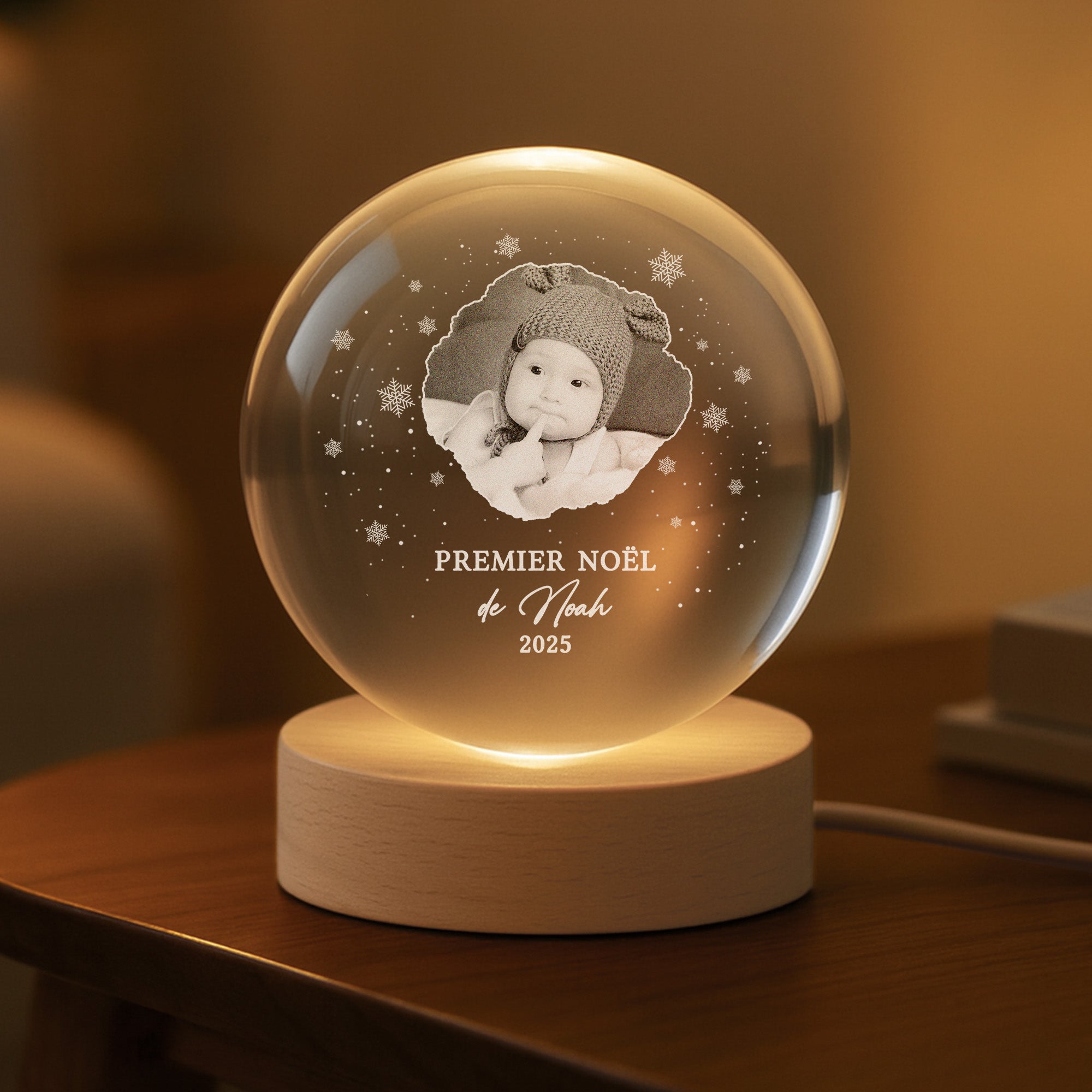 5413LFR2 veilleuse boule de cristal personnalisee avec photo premier noel de bebe 5413lkm5k