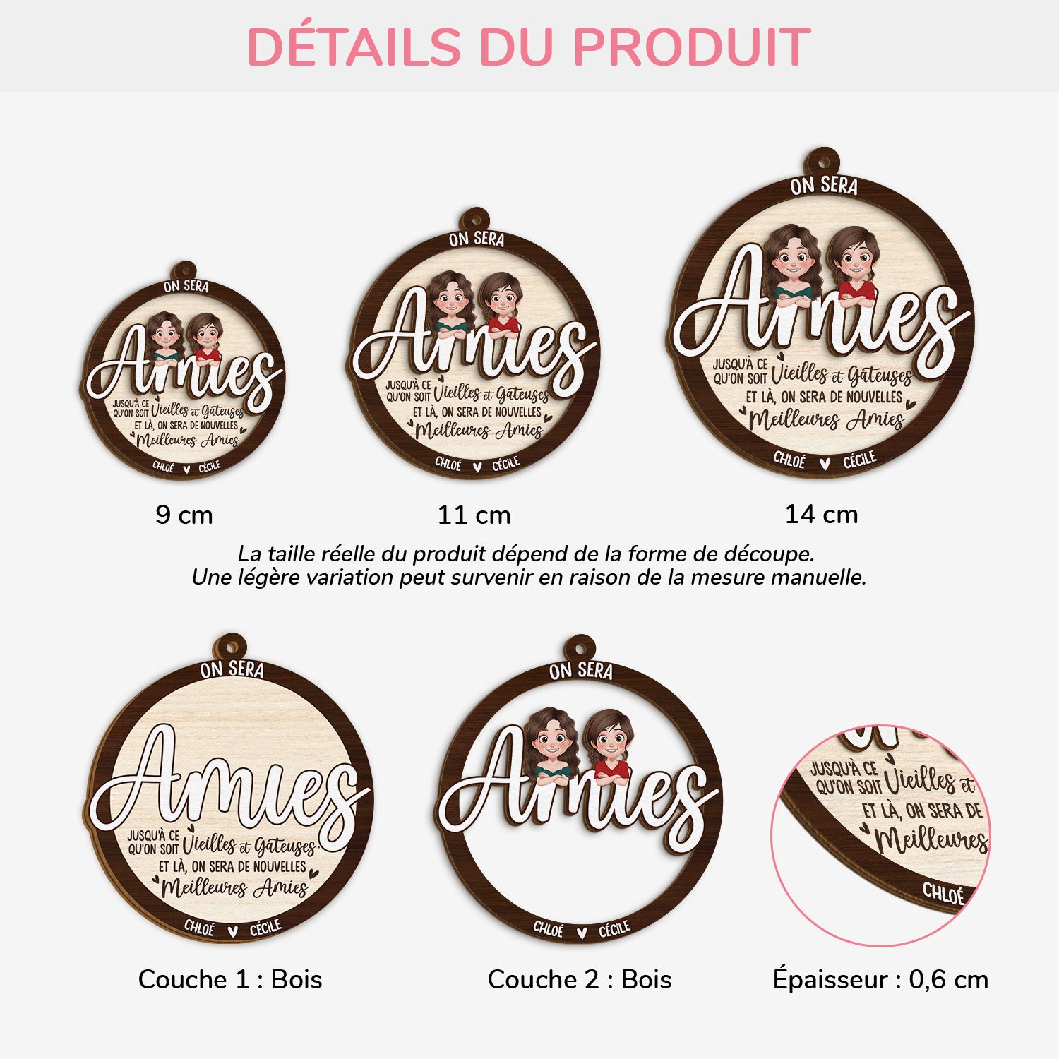 5450OFR3 ornement en bois a 2 couches personnalise on sera des amies jusqua ce quon soit vielles 5450o6uqf