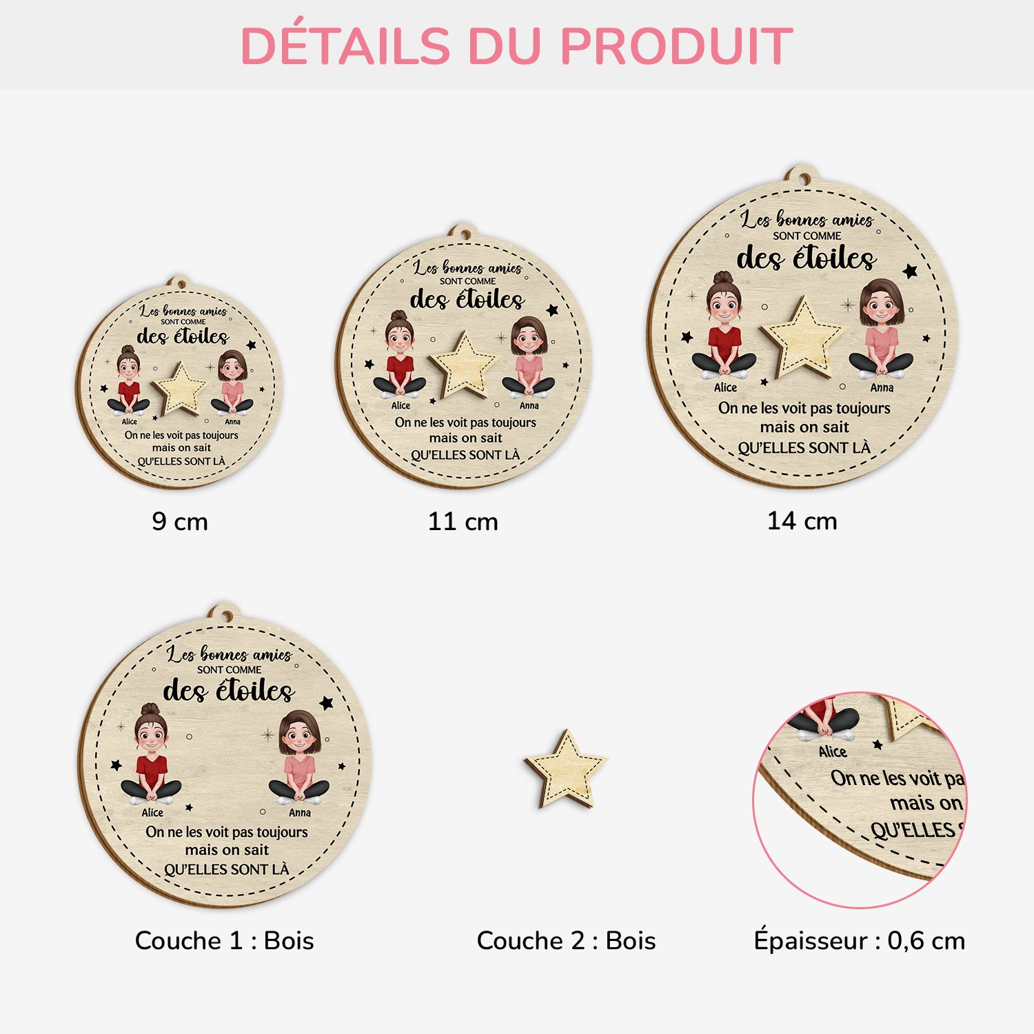 5457OFR3 ornement en bois a 2 couches personnalise bonnes amies comme des etoiles noel 5457othnf