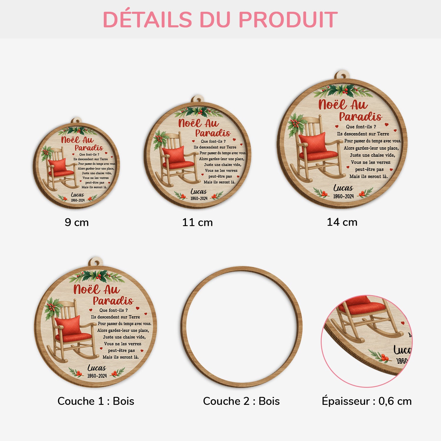 5469OFR3 ornement en bois a 2 couches commemoratif personnalise noel au paradis 5469othma