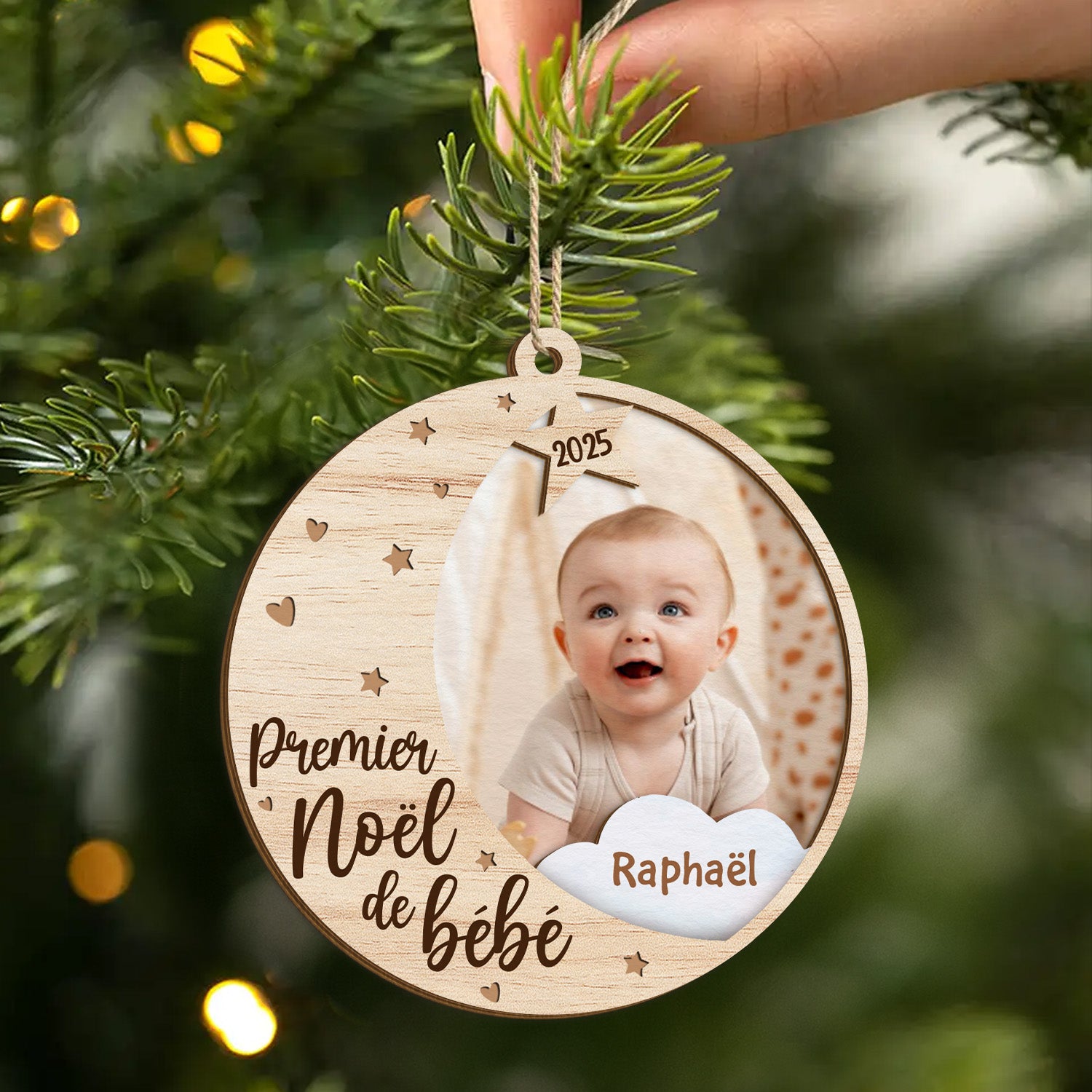 5493OFR2 ornement noel en bois a 2 couches personnalise avec photo premier noel de bebe 5493o6lqa