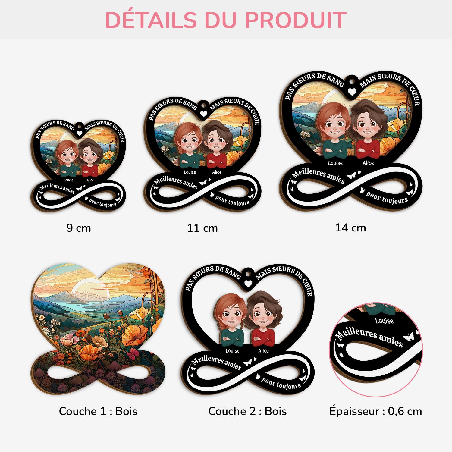 5504OFR3 ornement ami en bois a 2 couches personnalise pour femme pas soeurs de sang mais soeurs de coeur 5504o8lng