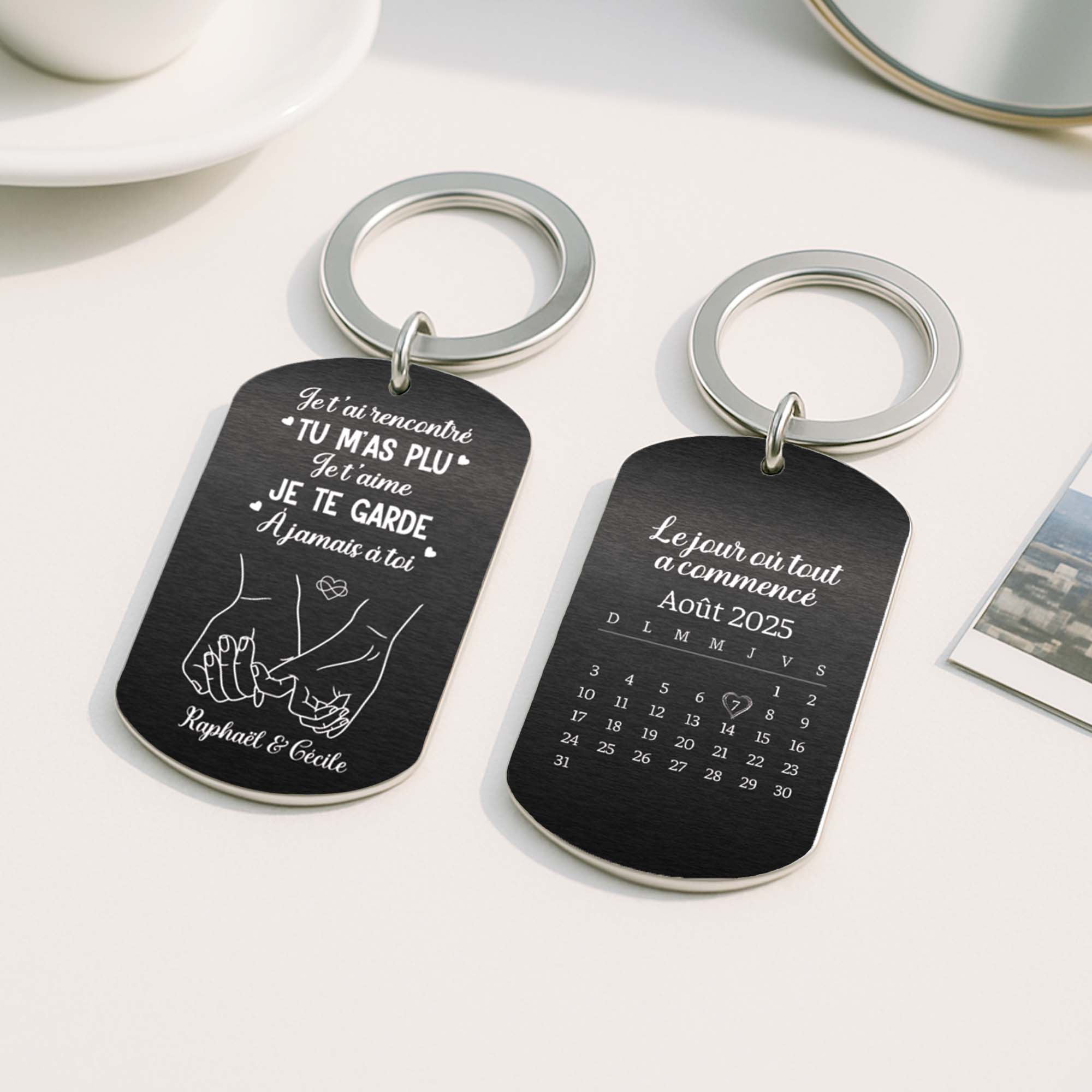 5616JFR2 porte cle aluminium personnalise couple je taime je te garde avec calendrier 5616j8lcg
