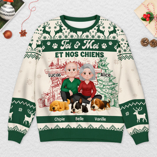 5646WFR2 pull moche de noel personnalise couple le couple et leur chien 5646wtmmc